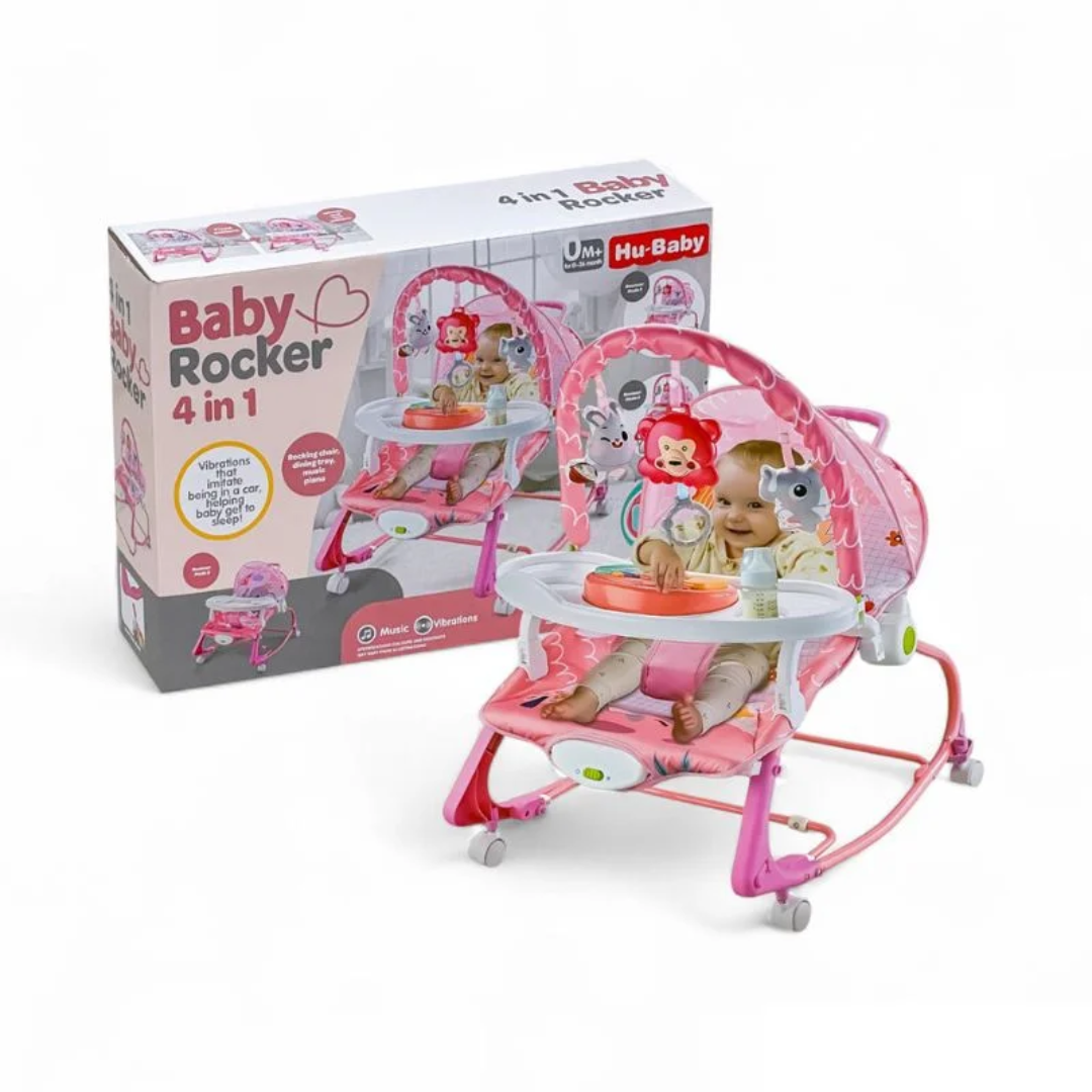 4 in 1 Multifunctional Baby Rocking Chair with Music, Vibrations, Wheels & Dining Tray
